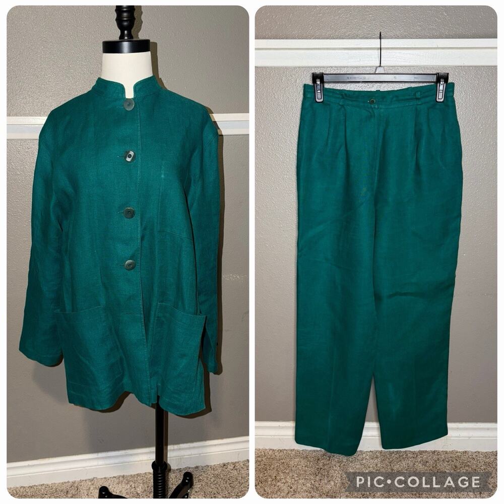 Doncaster 2 Pc Linen Pant Suit Women’s Size 10 Green 100% Linen Jacket Pants